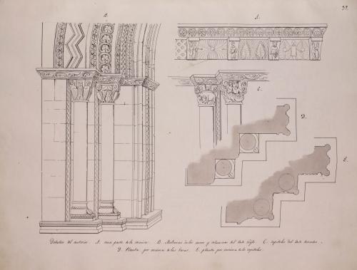 Planta de la portada y detalle de la cornisa, capiteles y arcos de la iglesia de Santa Eulalia (La Lloraza, Villavicios)