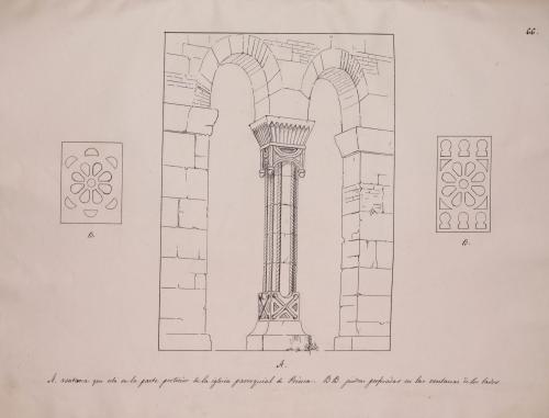 Alzado de una ventana y detalles de dos celosías de la iglesia de San Salvador de Priesca