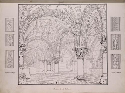 Vista del panteón de los reyes de San Isidoro de León y detalle de los motivos decorativos de sus arcos