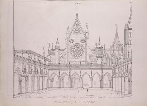 Vista del claustro y facha Norte de la catedral de León