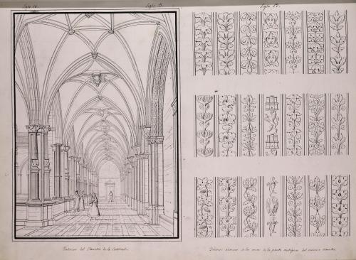 Vista interior del claustro de la catedral de Léon y motivos decorativos de sus arcos