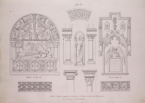 Sepulcro de un canónigo, el de Juan Martínez de Grajal y capiteles, dovelas y estatua femenina del retablo de Nuestra señora del Toro en el claustro de la catedral de León