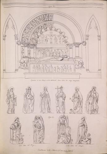 Sepulcro del obispo Martín el Zamorano y esculturas de la sillería del coro de la catedral de León