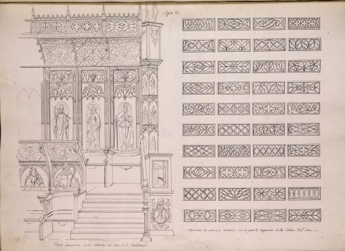Detalle de la sillería del coro y motivos decorativos de los calados de la sillas de la catedral de León