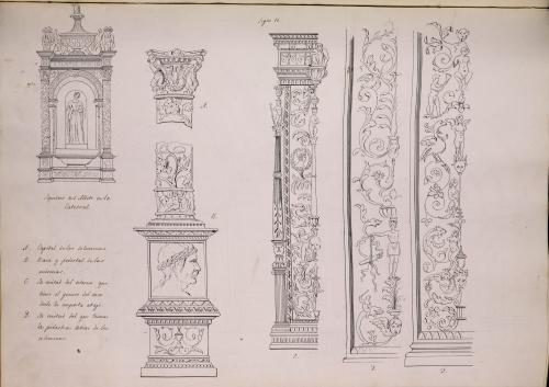 Alzado y detalles de las columnas, basas y pilastras del sepulcro de San Alvito en la catedral de León