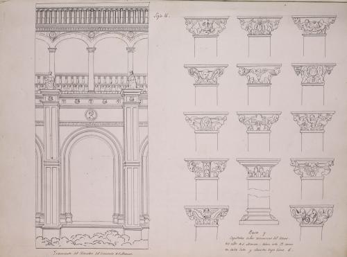 Alzado de tramo del claustro y capiteles y basa del convento de San Marcos de León