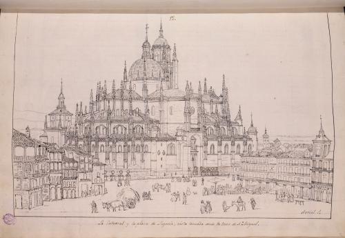 Vista de la catedral de Segovia y la plaza mayor desde la torre de la iglesia de San Miguel