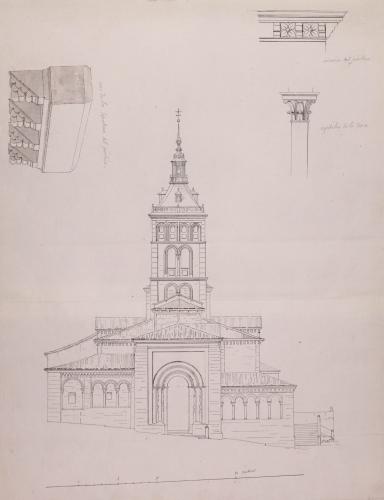 Alzado y detalles de cornisa, capitel y sepulcro de la iglesia de San Martín (Segovia)