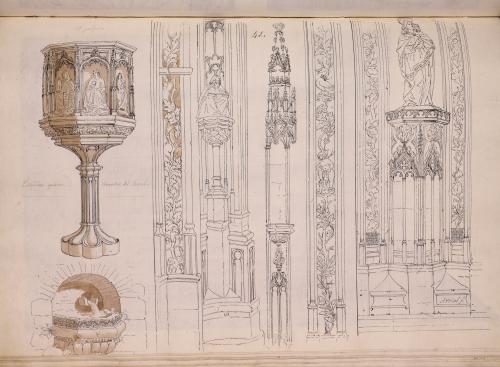 Púlpito, fuente y detalles de la iglesia del monasterio de Santa María del Parral (Segovia)