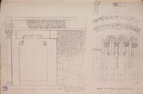 Alzado de la puerta y decoración del zaguán de la casa de Rehoyo y del ábside de la iglesia de San Clemente de Segovia