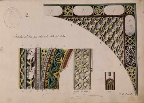 Detalle de los motivos decorativos del arco en la sala del Solio del Alcázar de Segovia