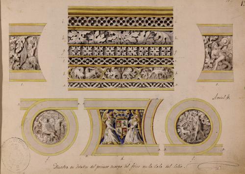 Detalles de los motivos decorativos del friso de la Sala del Solio del Alcázar de Segovia