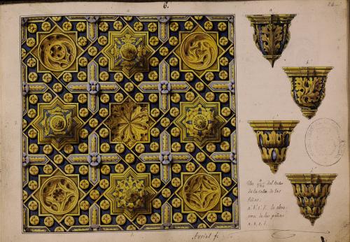 Planta y detalles del techo de la sala de las Piñas del Alcázar de Segovia