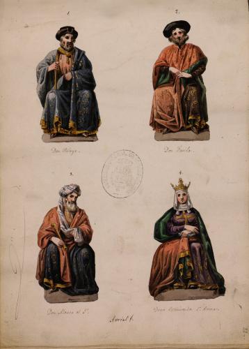 Retrato de los reyes Pelayo, Favila, Alfonso I y la reina Ormisenda en la sala delos Reyes del Alcázar de Segovia