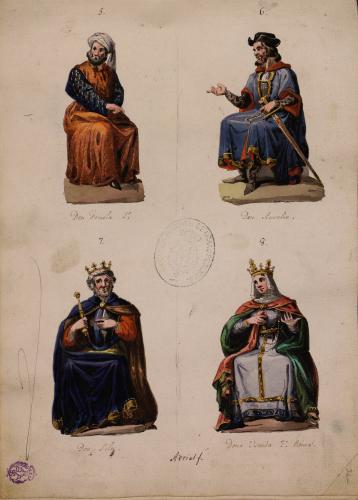 Retratos de los reyes Fruela, Aurelio, Silo y la reina Usenda en la sala de los Reyes del Alcázar de Segovia