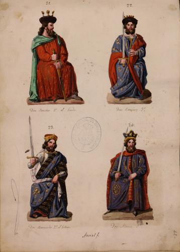 Retratos de los reyes Sancho I, Ramiro III, Bermudo II y Alfonso V en la sala de los Reyes del Alcázar de Segovia