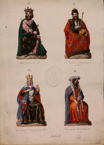 Retratos de los reyes Bermudo III, Fernando I, la reina doña Sancha y Sancho II en la sala de los Reyes del Alcázar de Segovia