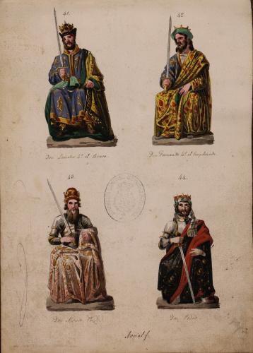 Retratos de los reyes Sancho IV, Fernando IV, Alfonso XII y Pedro I en la sala de los Reyes del Alcázar de Segovia