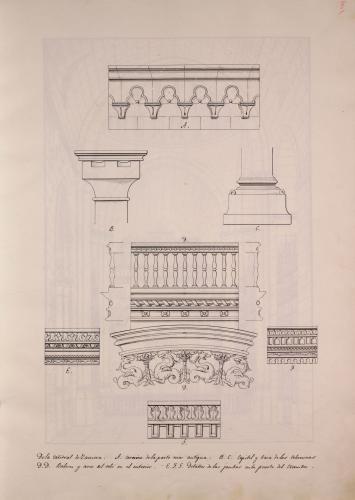 Cornisas, capiteles, basas, alzado, sección y arco de la balustrada y molduras de las jmabas del claustro de la catedral de Zamora
