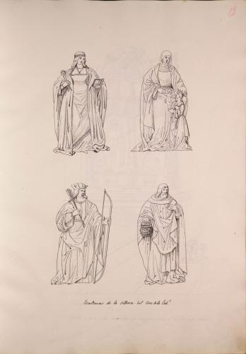 Esculturas de Santa Apolonia de Aljandría, Santa Ana y la Virgen, San Sebastián y San Nicolás de Tolentino en la sillería del coro de la catedral de Zamora
