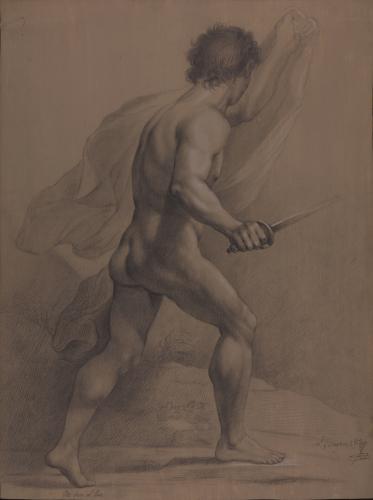 Estudio de modelo masculino desnudo en actitud de avanzar con espada y paño