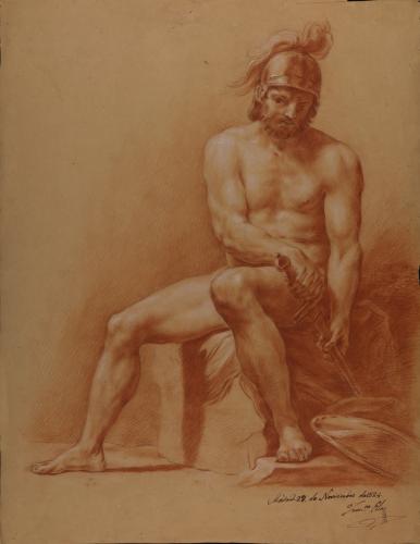 Estudio modelo masculino desnudo sentado con casco y espada