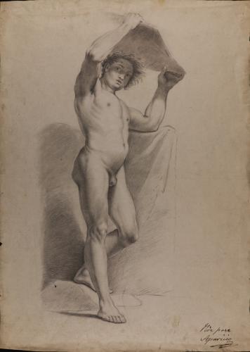 Estudio de modelo masculino desnudo de pie sujetando una tabla con las manos sobre la cabeza