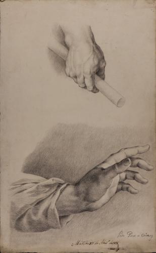 Estudio de una mano con bengala (arriba) y otra extendida con ropaje