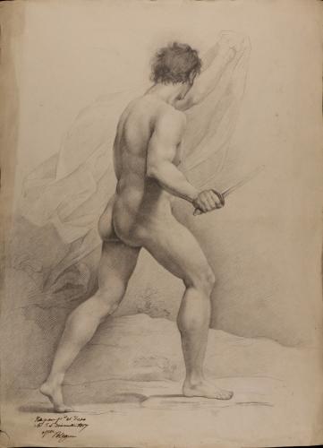 Estudio de modelo masculino desnudo  en actitud de avanzar con espada y paño