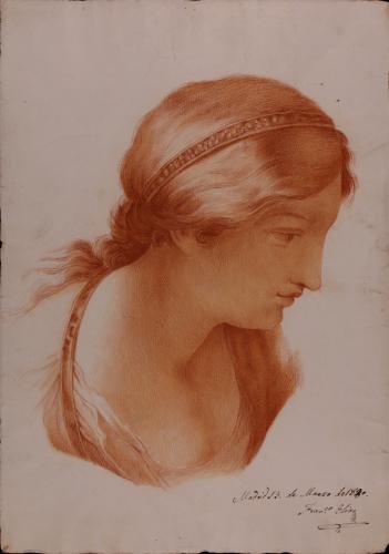 Estudio de cabeza femenina de perfil a la derecha con cinta en el pelo