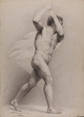 Estudio de modelo masculino desnudo de perfil en actitud de avanzar agarrando con las dos manos una empuñadura