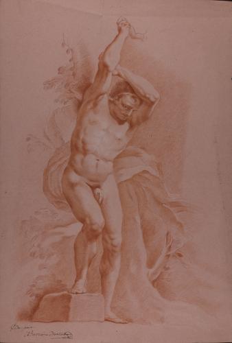 Estudio de modelo masculino desnudo de pie con la pierna derecha sobre una piedra y los brazos levantados