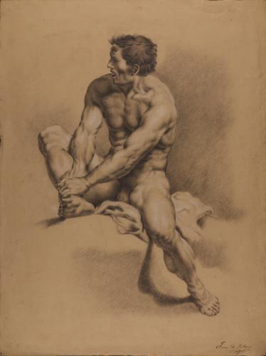 Estudio de cíclope desnudo sentado, sujetándose la pierna derecha con ambas manos