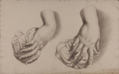 Estudio de mano derecha femenina sobre un paño desde dos puntos de vista