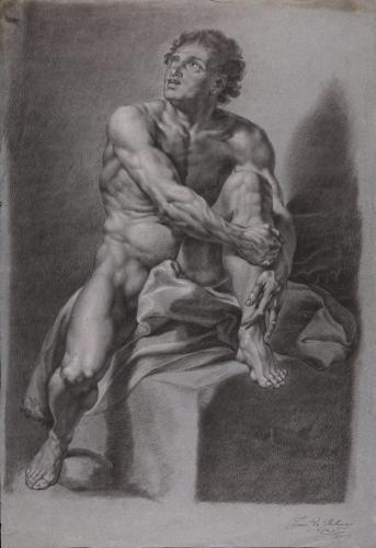 Estudio de modelo masculino desnudo sentado sujetándose una pierna