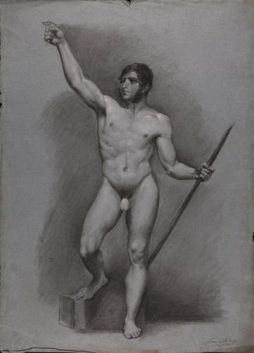Estudio de modelo masculino desnudo de pie con el bazo izquierdo alzado y con el derecho sujetando una vara