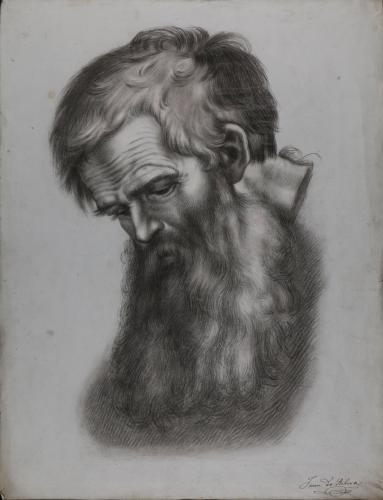 Estudio de cabeza de anciano barbado inclinada hacia la izquierda