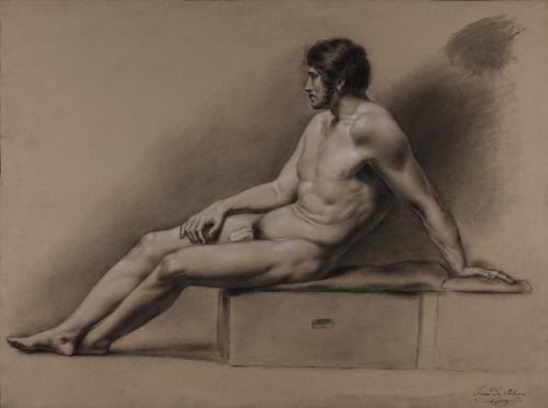 Estudio de modelo masculino desnudo de perfil sentado