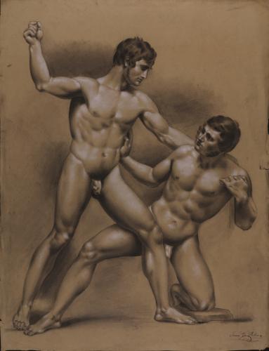 Estudio de dos modelos masculinos desnudos luchando