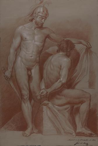 Estudio de desnudos masculinos uno de pie con casco y espada y otro sentado con las manos a la espalda