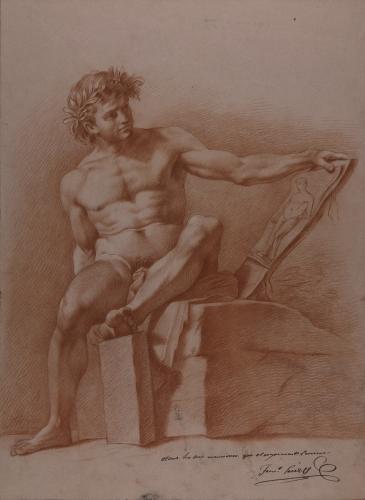 Estudio de modelo masculino desnudo con corona de laurel, sentado, contemplando un dibujo de una escultura antigua