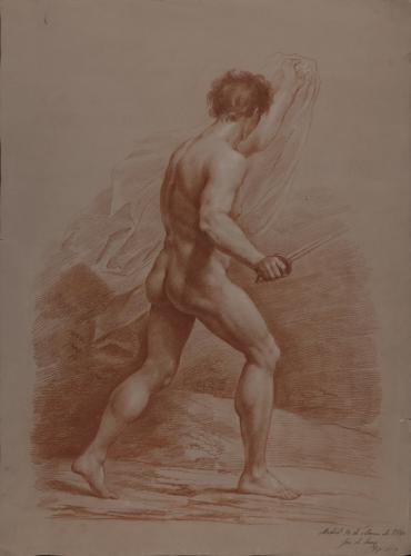Estudio de modelo masculino desnudo  en actitud de avanzar con espada y paño