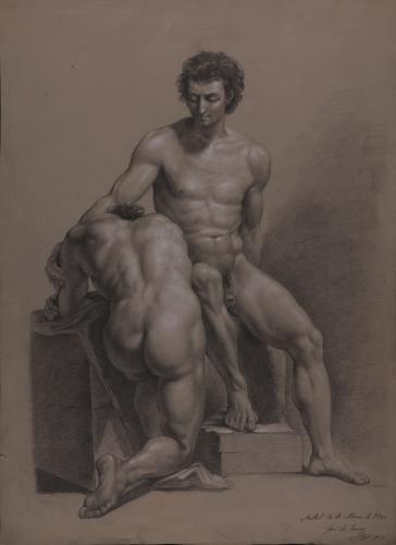 Estudio de dos desnudos masculinos, uno sentado de frente con la mano en el hombre de otro de espaldas arrodillado