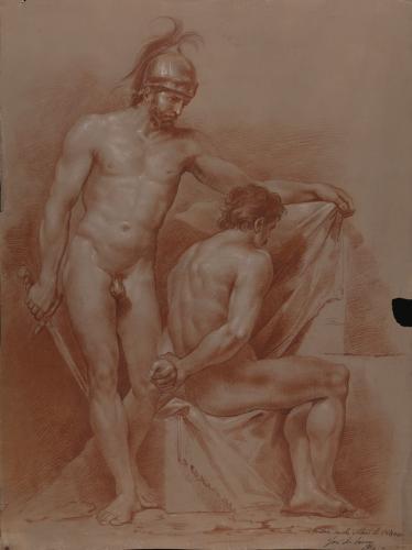 Estudio de modelo masculino desnudo de pie con casco y espada y otro sentado con las manos a la espalda