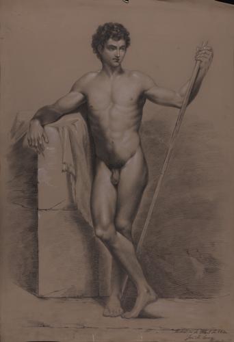Estudio de modelo masculino desnudo de pie con vara