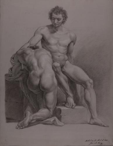 Estudio de modelo masculino desnudo sentado y otro arrodillado de espaldas