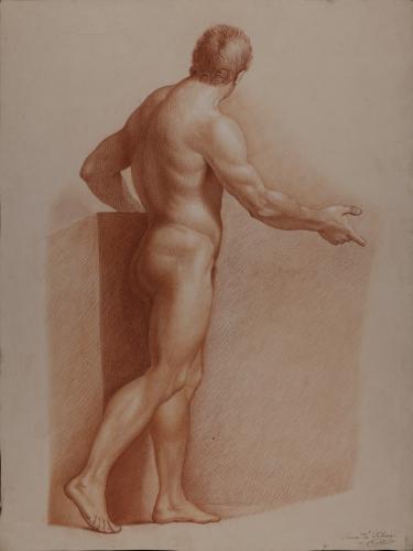 Estudio de modelo masculino desnudo de pie de perfil con el brazo derecho extendido