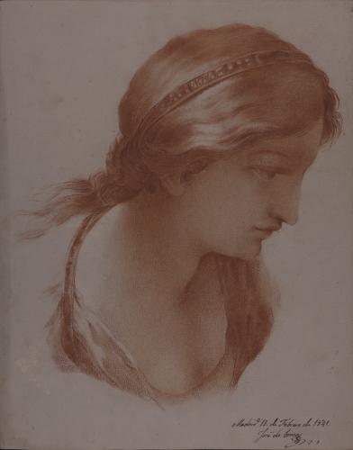 Estudio de cabeza femenina de perfil hacia la derecha con cinta en el pelo
