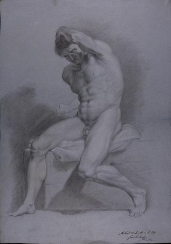 Estudio de modelo masculino desnudo sentado con la mano izquierda sobre la cabeza
