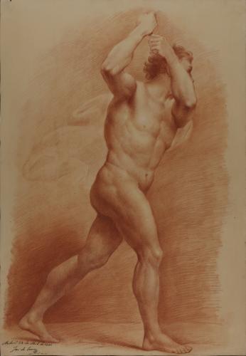 Estudio de modelo masculino desnudo en actitud de avanzar y agarrando con las dos manos una empuñadura